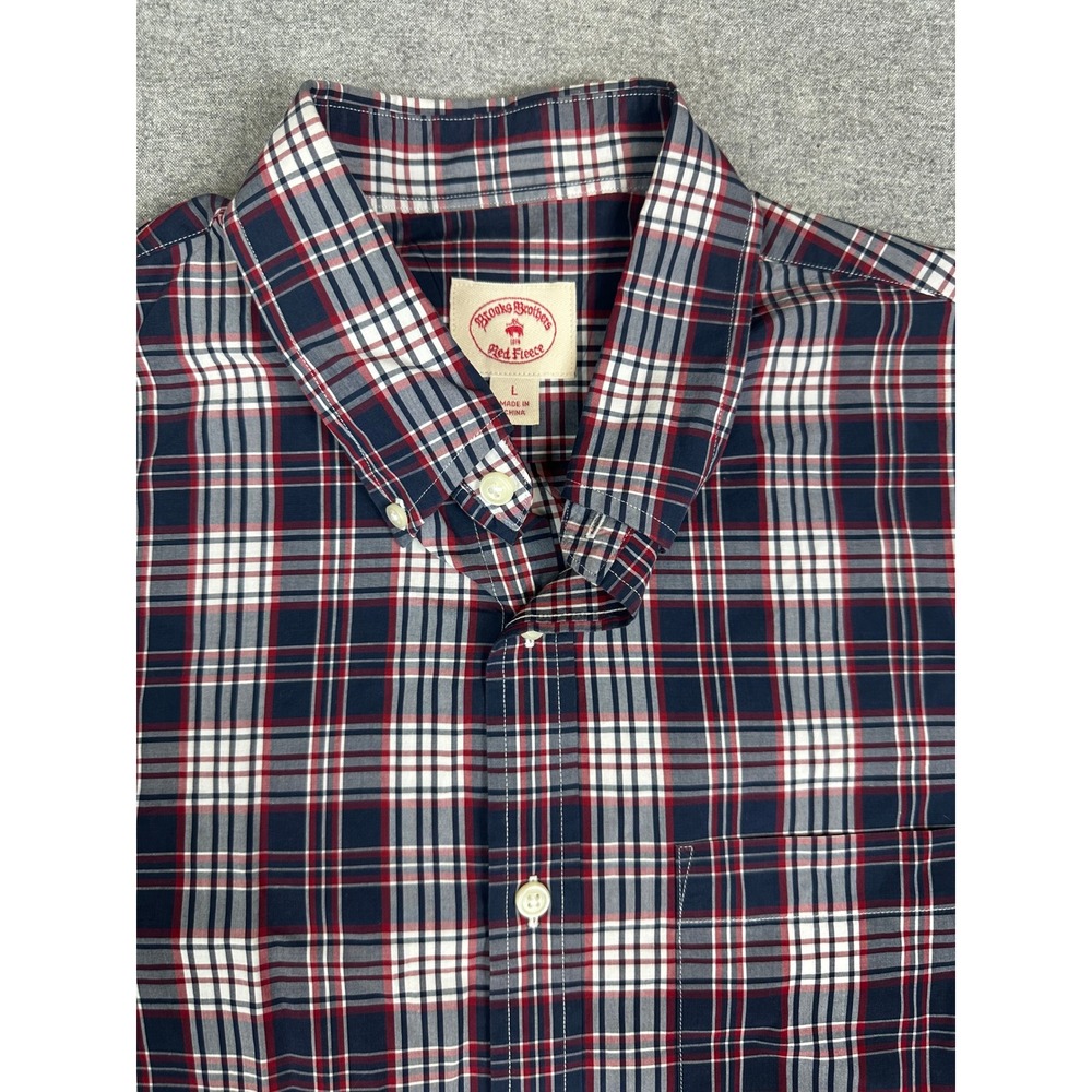 Brooks Brothers Red Fleece Shirt Mens L Plaid Button Down Navy Blue Red White